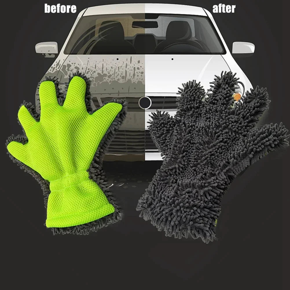 5-Finger Microfiber Chenille Car Wash Glove Mitt Green