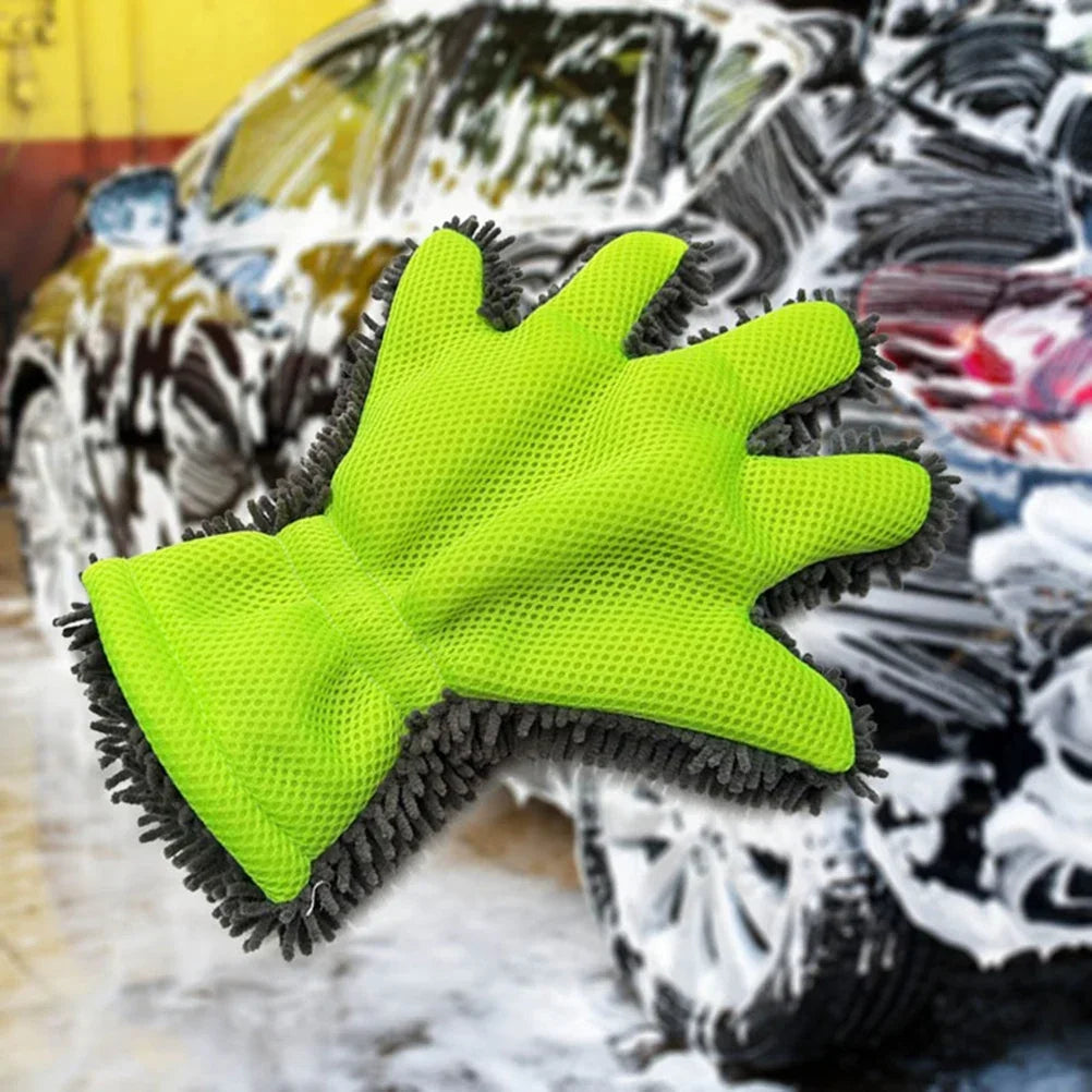 5-Finger Microfiber Chenille Car Wash Glove Mitt Green